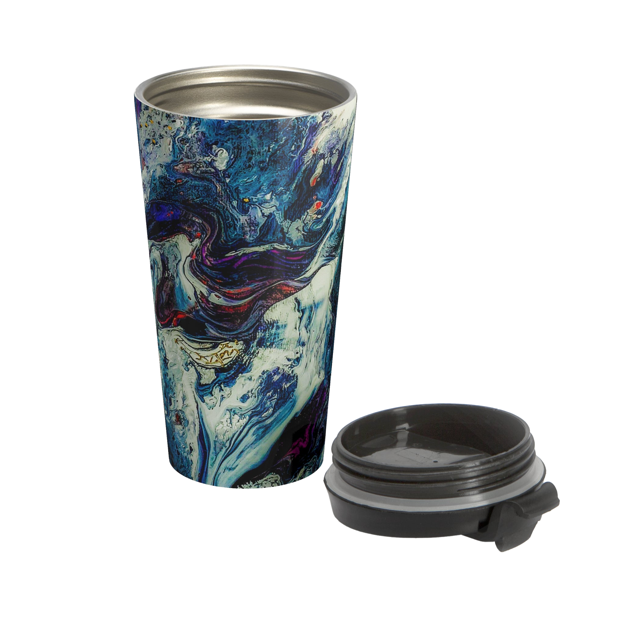 Abstract Stainless Steel Travel Mug 15oz
with a marble look displaying navy, white, gold, magenta, black and shades of red and a black spill proof lid
