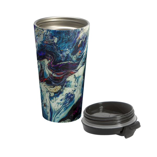 Abstract Stainless Steel Travel Mug 15oz
with a marble look displaying navy, white, gold, magenta, black and shades of red and a black spill proof lid