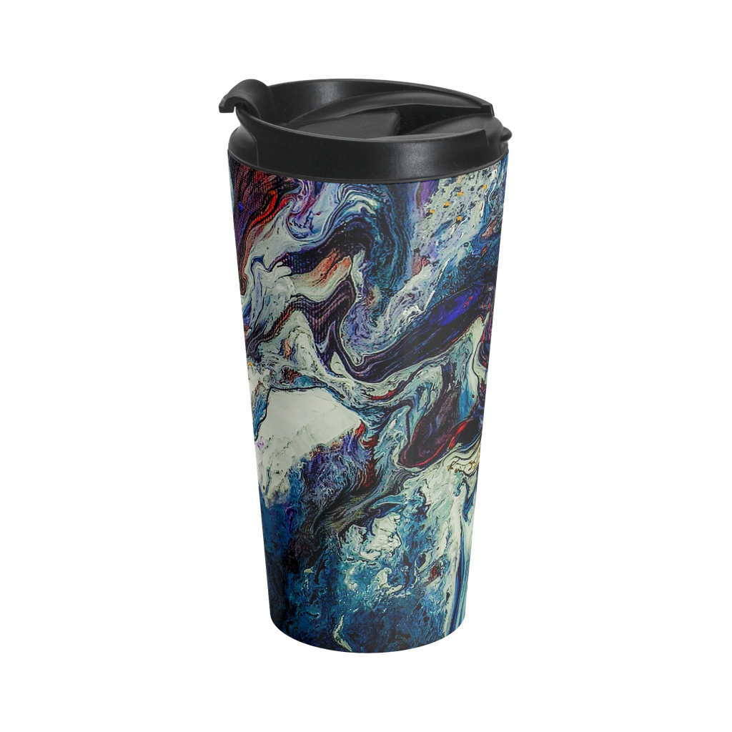 Abstract Stainless Steel Travel Mug 15oz
with a marble look displaying navy, white, gold, magenta, black and shades of red and a black spill proof lid