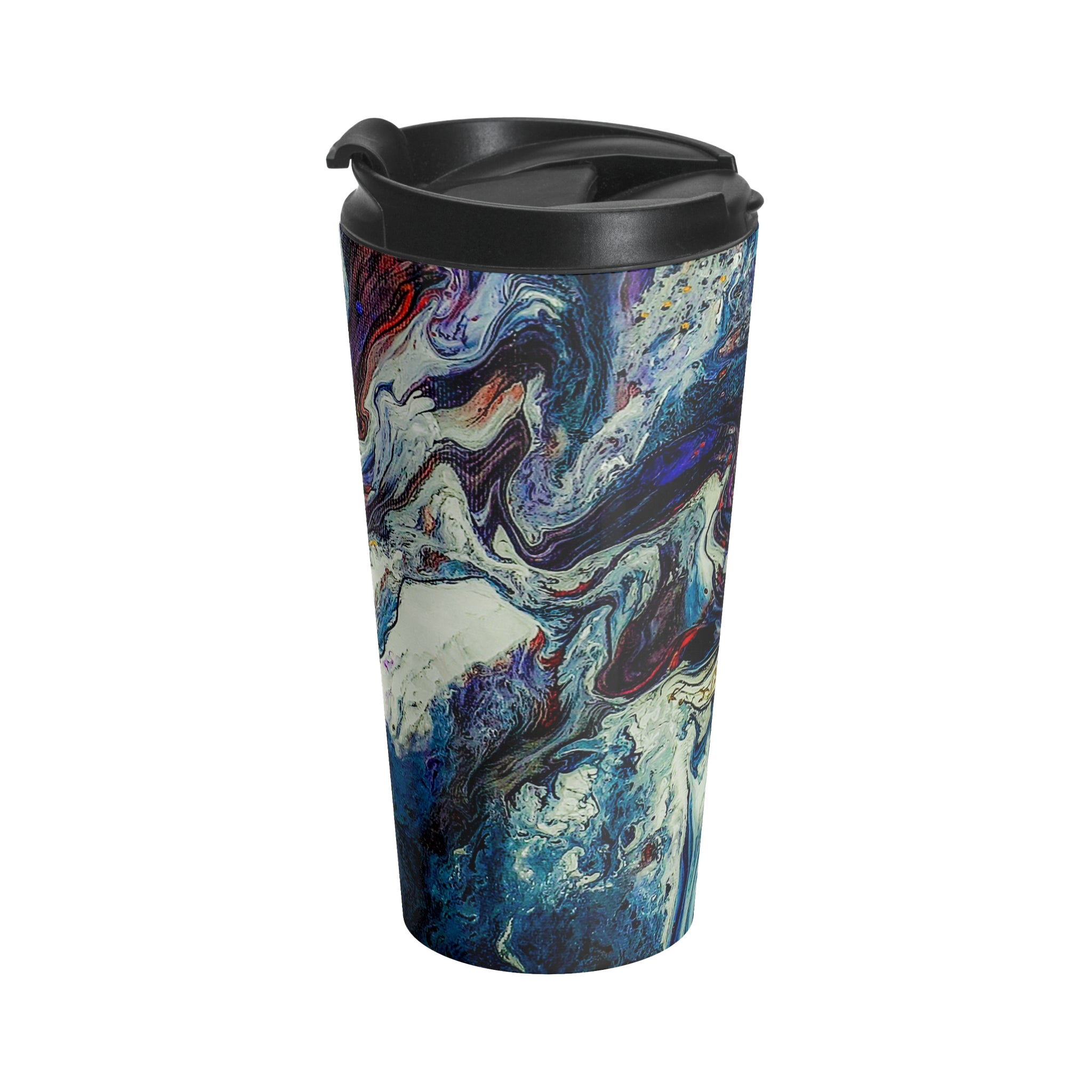Abstract Stainless Steel Travel Mug 15oz
with a marble look displaying navy, white, gold, magenta, black and shades of red and a black spill proof lid