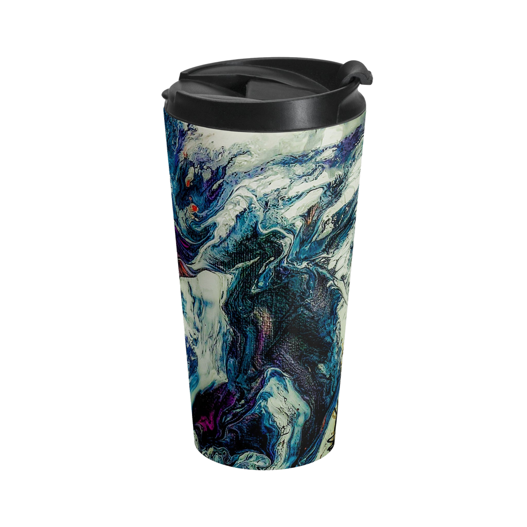 Abstract Stainless Steel Travel Mug 15oz
with a marble look displaying navy, white, gold, magenta, black and shades of red and a black spill proof lid