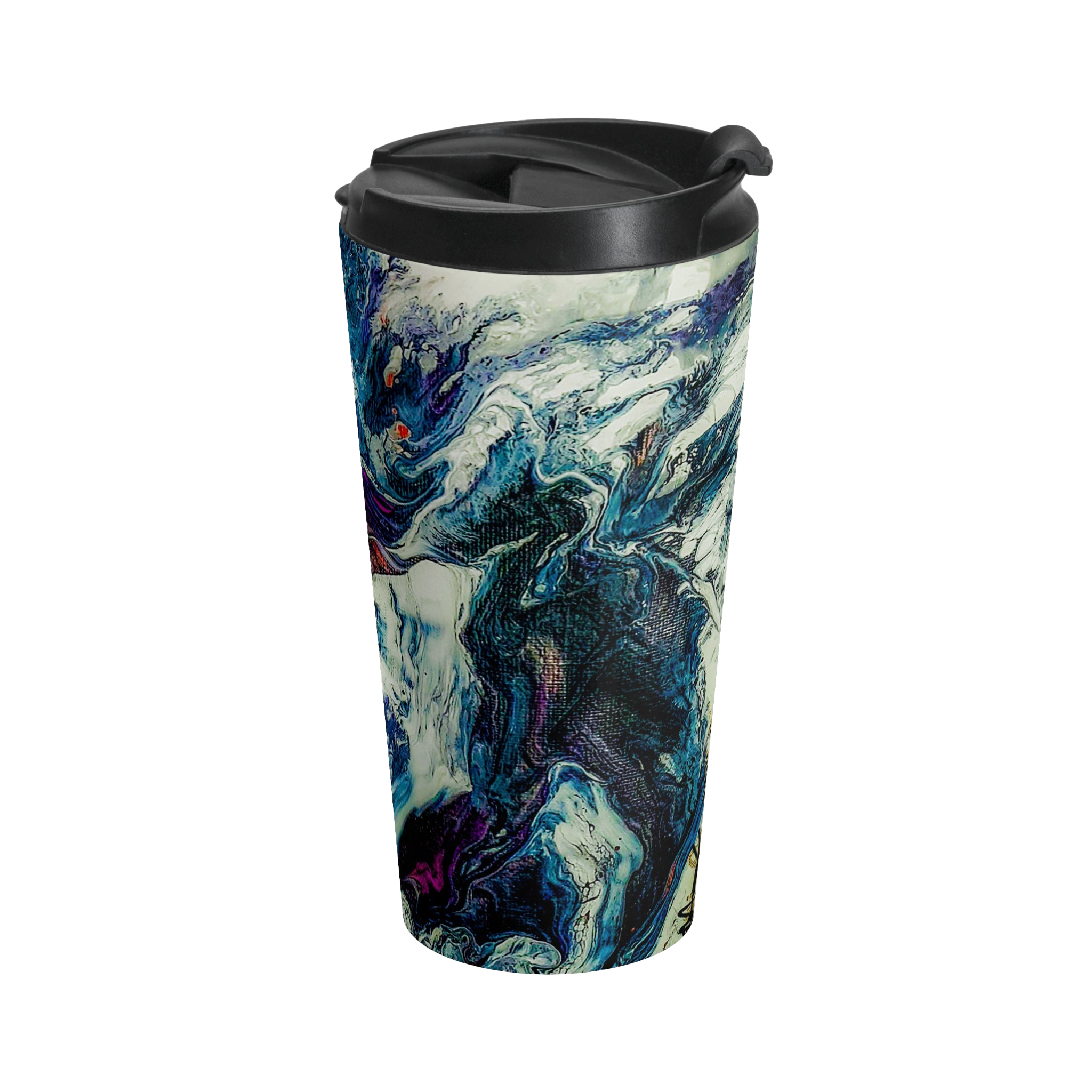 Abstract Stainless Steel Travel Mug 15oz
with a marble look displaying navy, white, gold, magenta, black and shades of red and a black spill proof lid
