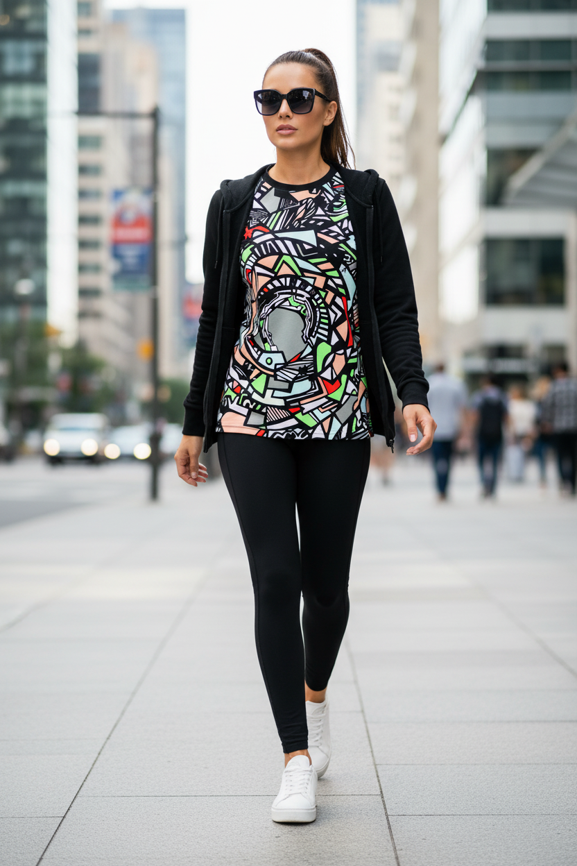 Woman walking on a city street wearing a colorful graphic t-shirt, black jacket, and leggings.
