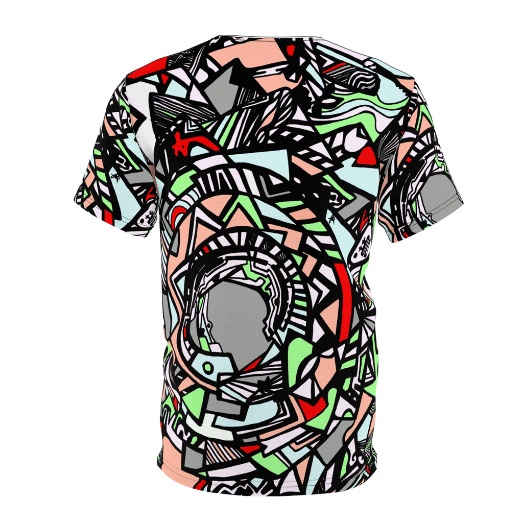 Back shirt view of Unique Abstract Apparel Fashion Top with Freebrd's "Zonch" pattern that includes rose pink, lime green, grey, black white and red orange. 