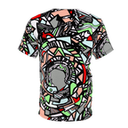 Back shirt view of Unique Abstract Apparel Fashion Top with Freebrd's "Zonch" pattern that includes rose pink, lime green, grey, black white and red orange. 