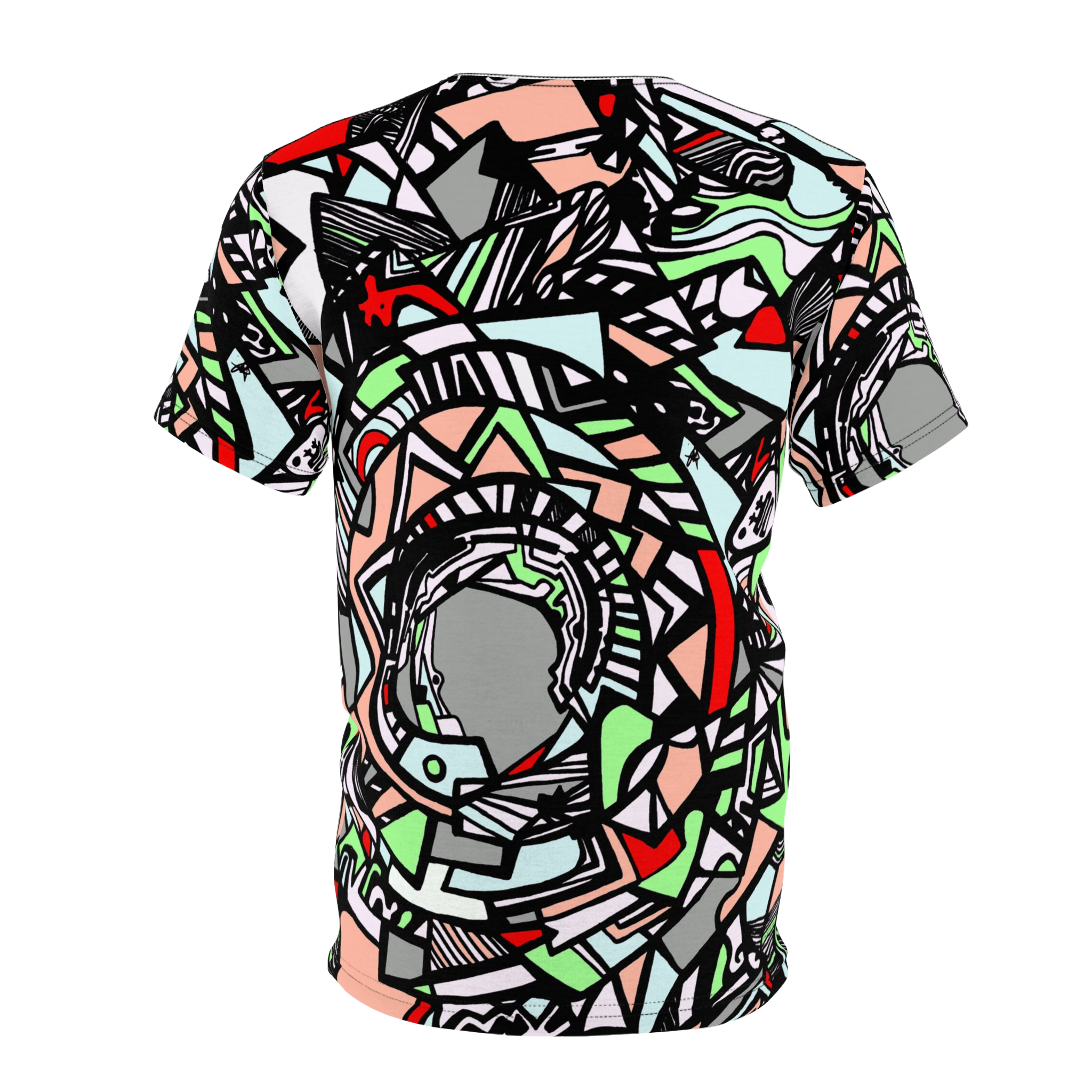 Back shirt view of Unique Abstract Apparel Fashion Top with Freebrd's "Zonch" pattern that includes rose pink, lime green, grey, black white and red orange. 