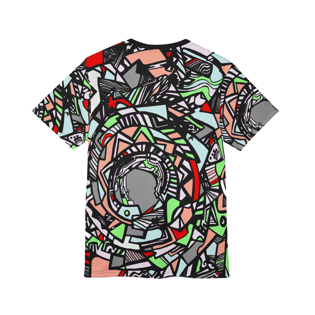 Front of shirt view of Unique Abstract Apparel Fashion Top with Freebrd's geometric "Zonch" pattern that includes rose pink, lime green, grey, black white and red orange. 


