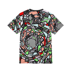 Front of shirt view of Unique Abstract Apparel Fashion Top with Freebrd's geometric "Zonch" pattern that includes rose pink, lime green, grey, black white and red orange. 

