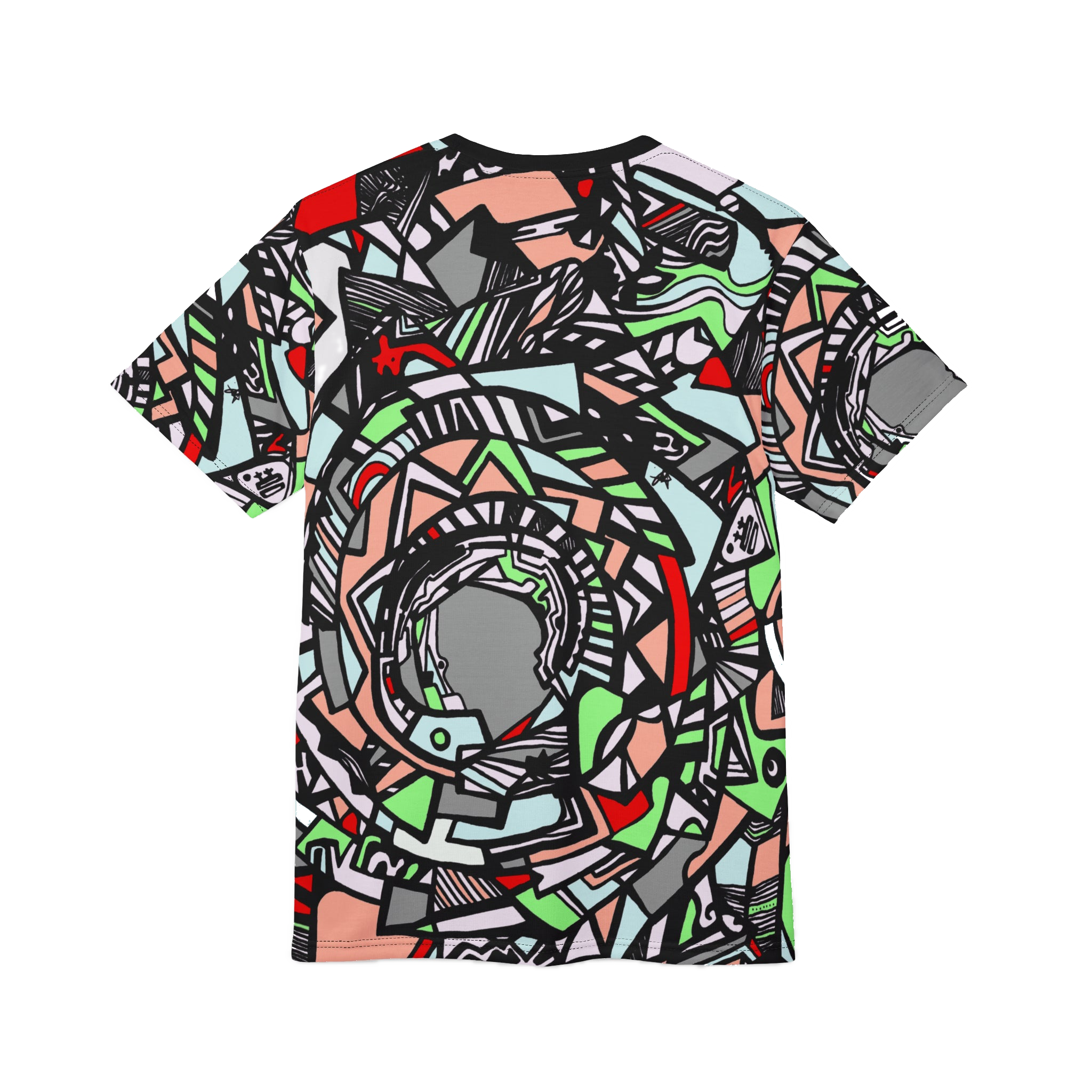 Front of shirt view of Unique Abstract Apparel Fashion Top with Freebrd's geometric "Zonch" pattern that includes rose pink, lime green, grey, black white and red orange. 


