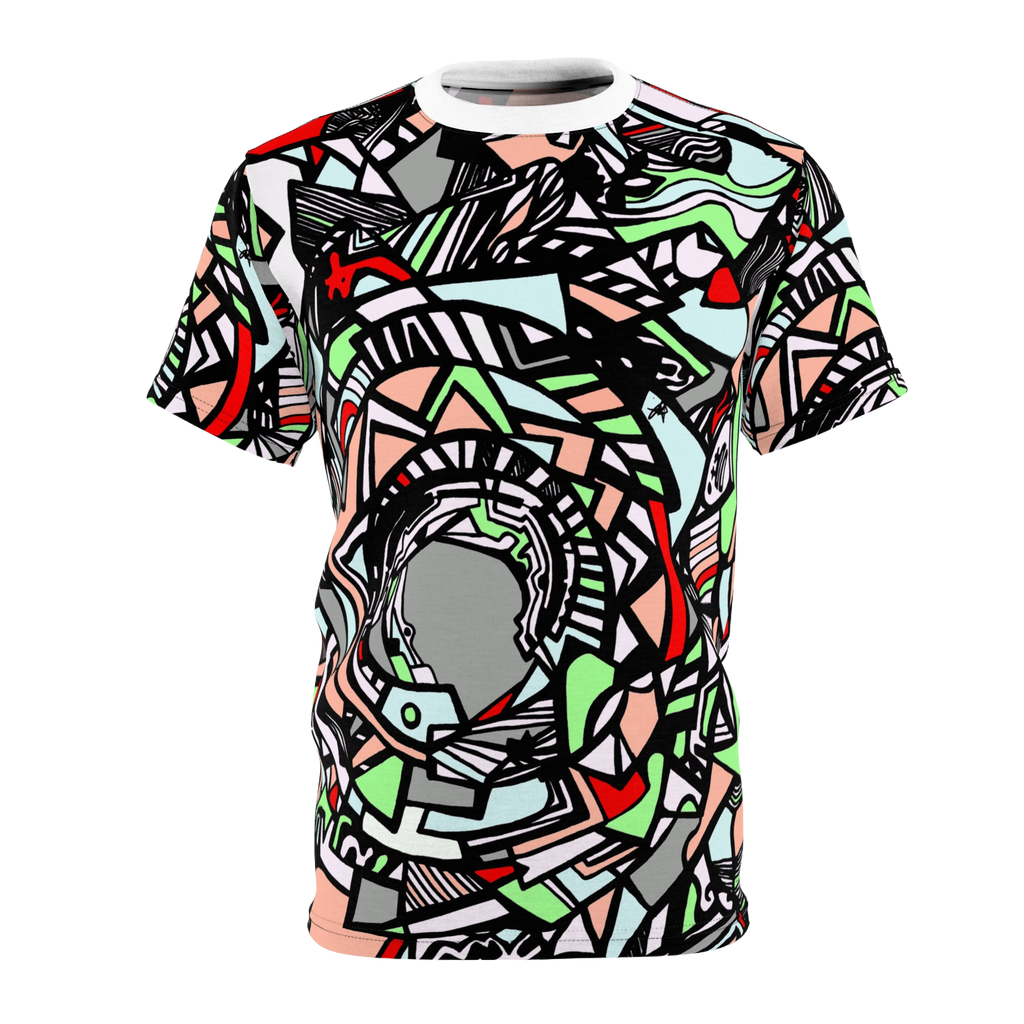 Front of shirt view of Unique Abstract Apparel Fashion Top with Freebrd's "Zonch" pattern that includes rose pink, lime green, grey, black white and red orange. 