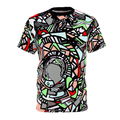 Front of shirt view of Unique Abstract Apparel Fashion Top with Freebrd's geometric "Zonch" pattern that includes rose pink, lime green, grey, black white and red orange 

