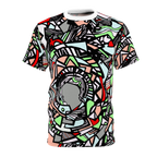 Front of shirt view of Unique Abstract Apparel Fashion Top with Freebrd's "Zonch" pattern that includes rose pink, lime green, grey, black white and red orange. 