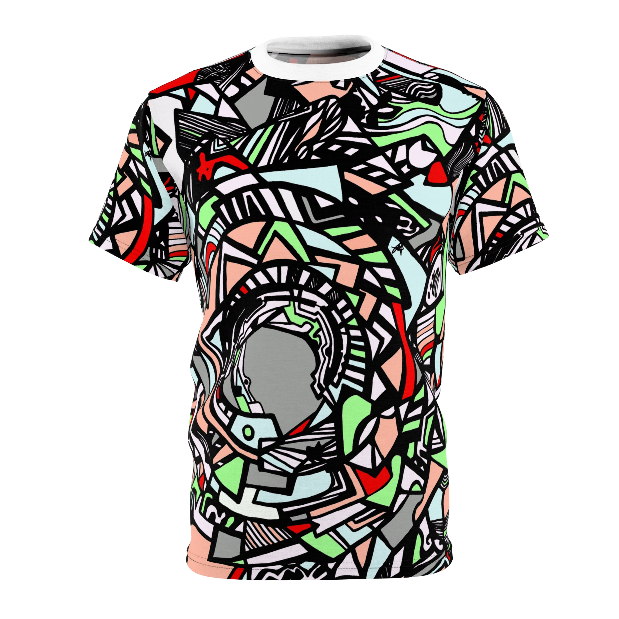 Front of shirt view of Unique Abstract Apparel Fashion Top with Freebrd's "Zonch" pattern that includes rose pink, lime green, grey, black white and red orange. 