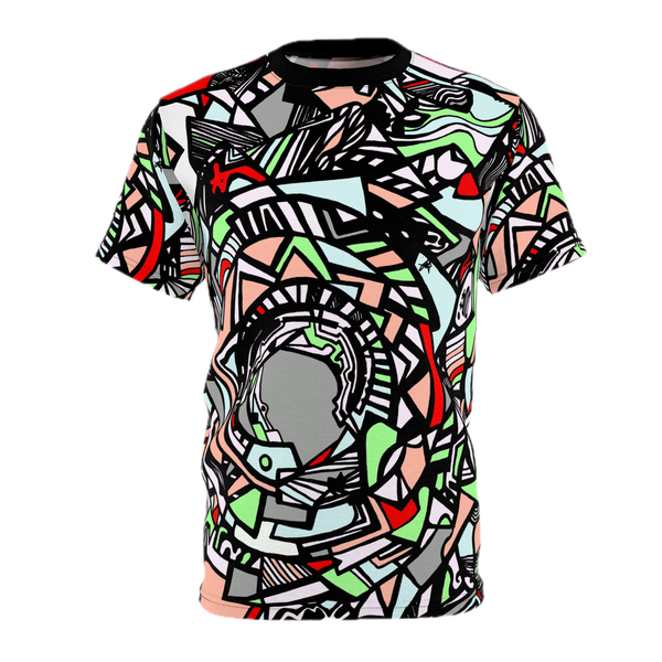 Front of shirt view of Unique Abstract Apparel Fashion Top with Freebrd's geometric "Zonch" pattern that includes rose pink, lime green, grey, black white and red orange 

