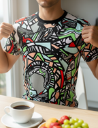 Man wearing a colorful Freebrd "Zonch" geometric-patterned shirt in a kitchen setting with a bowl of fruit and coffee.