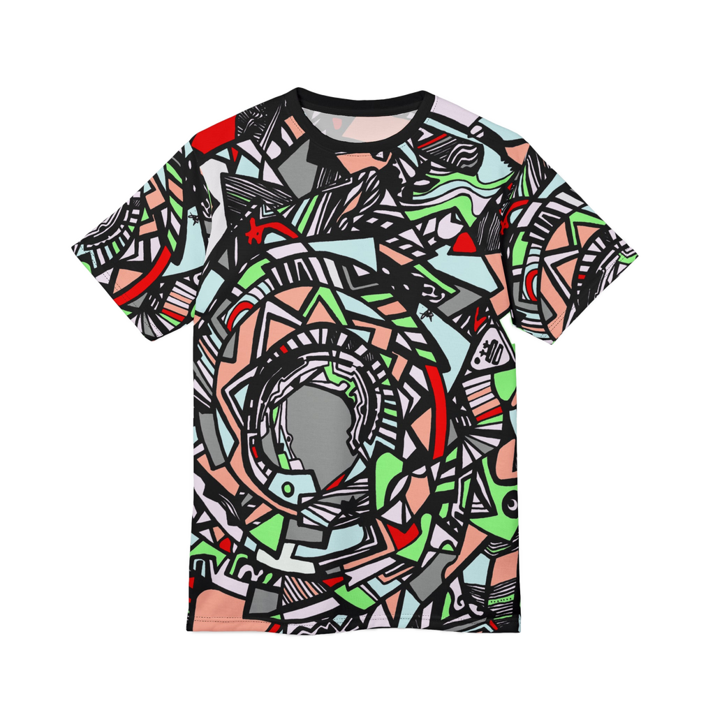 Front of shirt view of Unique Abstract Apparel Fashion Top with Freebrd's geometric "Zonch" pattern that includes rose pink, lime green, grey, black white and red orange 


