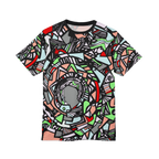 Front of shirt view of Unique Abstract Apparel Fashion Top with Freebrd's geometric "Zonch" pattern that includes rose pink, lime green, grey, black white and red orange 


