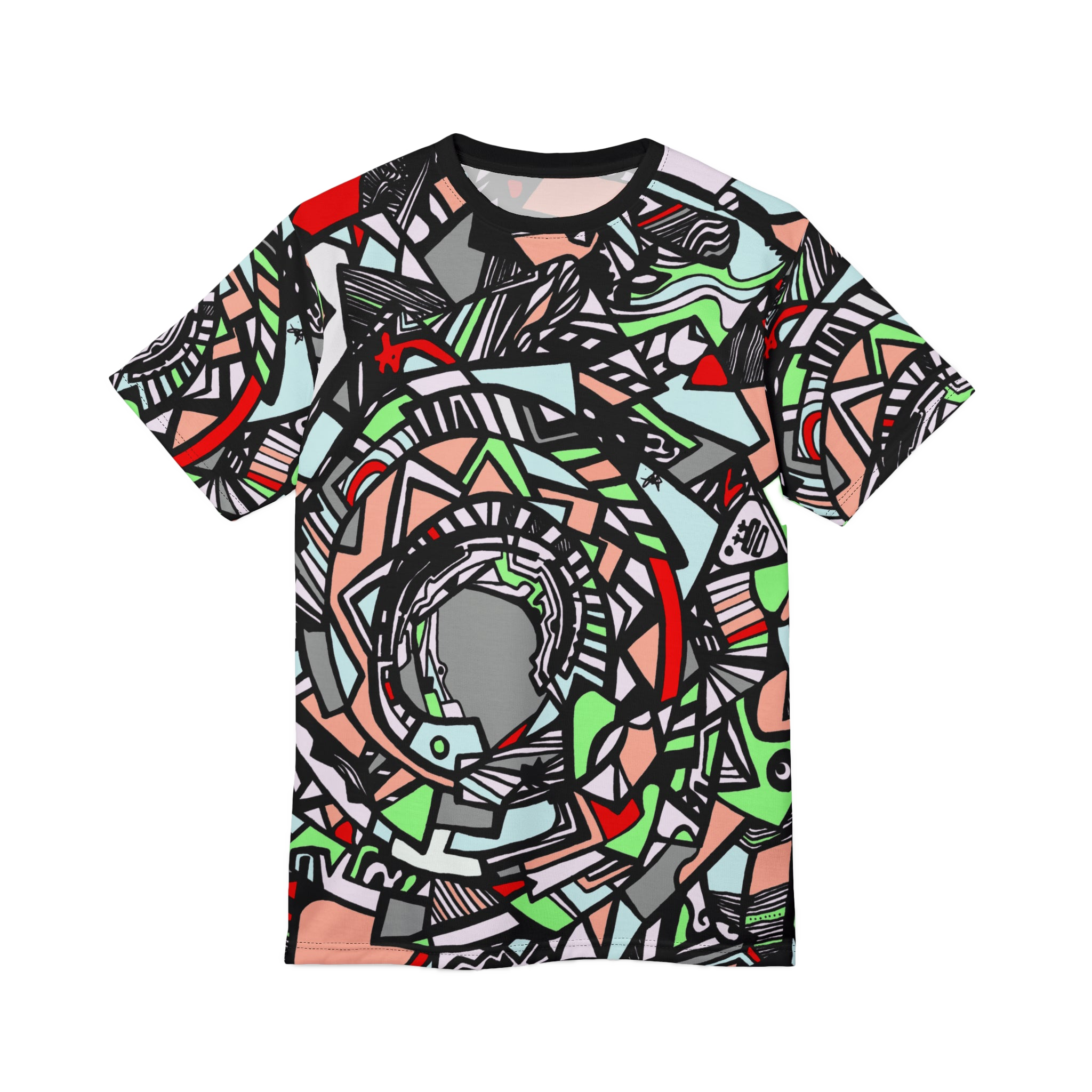 Front of shirt view of Unique Abstract Apparel Fashion Top with Freebrd's geometric "Zonch" pattern that includes rose pink, lime green, grey, black white and red orange 


