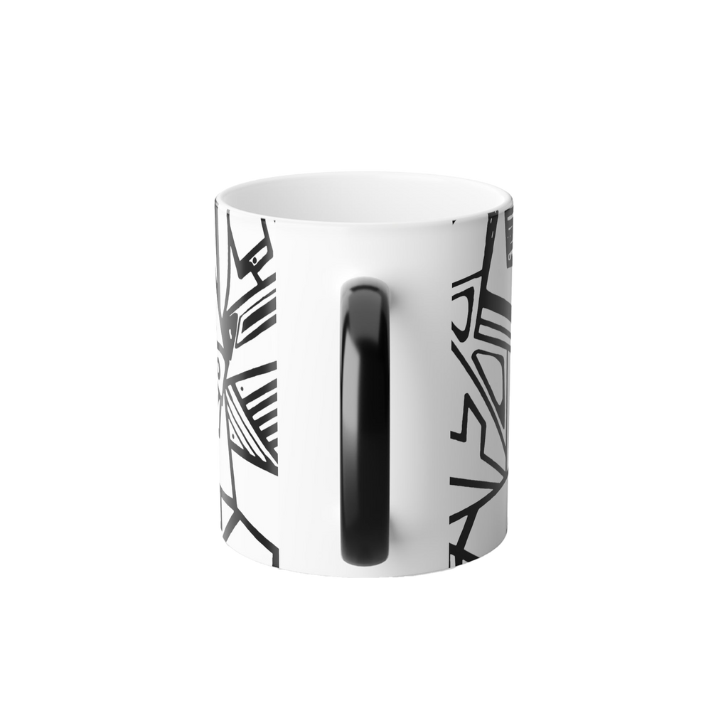 Heat Changing Mug with Freebrd "Ecliptic" design back of cup view, displaying black and white Unique Line Art and a black handle that changes white when hot 
