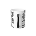 Heat Changing Mug with Freebrd "Ecliptic" design back of cup view, displaying black and white Unique Line Art and a black handle that changes white when hot 
