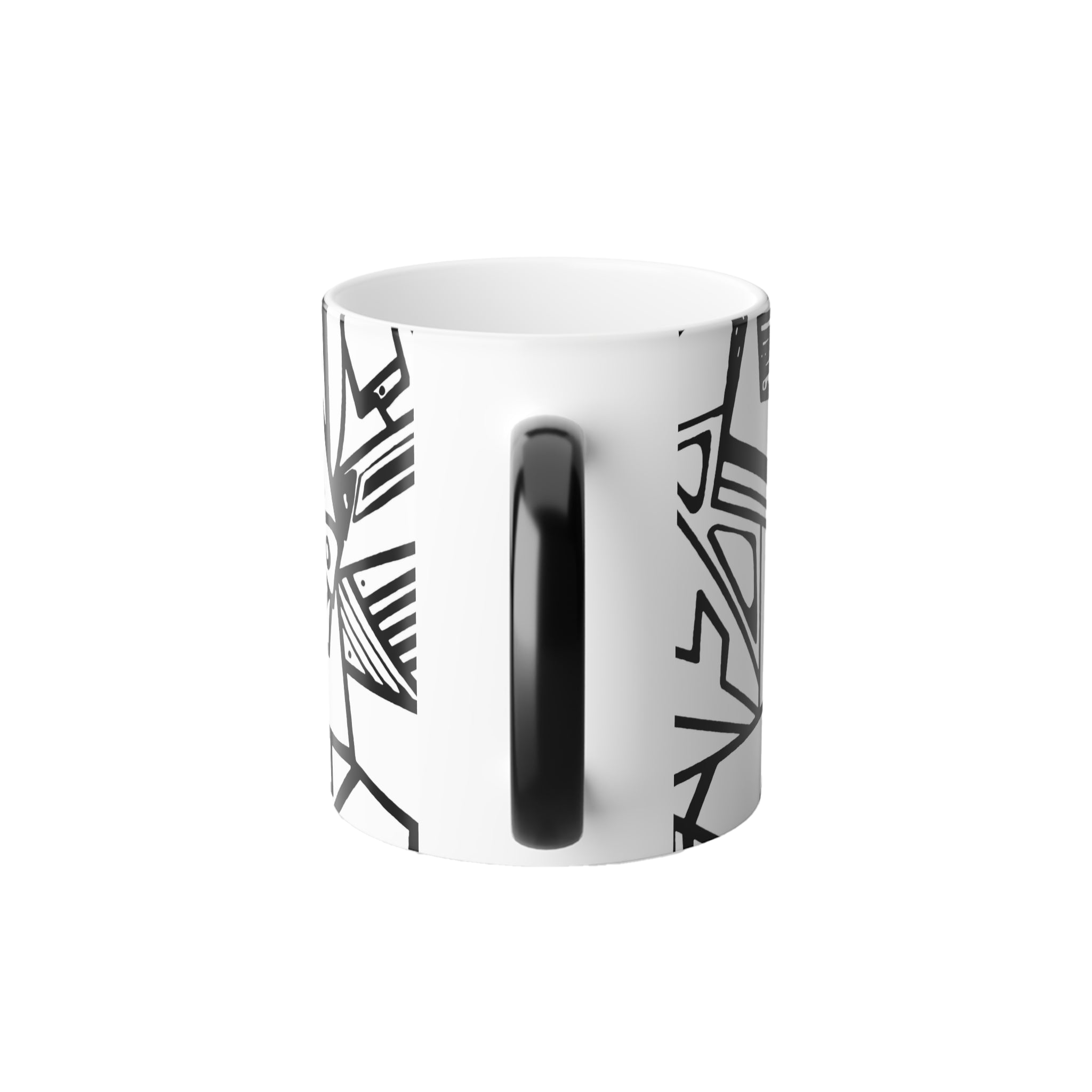 Heat Changing Mug with Freebrd "Ecliptic" design back of cup view, displaying black and white Unique Line Art and a black handle that changes white when hot 
