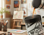 Coffee being poured into a Freebrd black and white mug with "Ecliptic" design in an artist's studio.