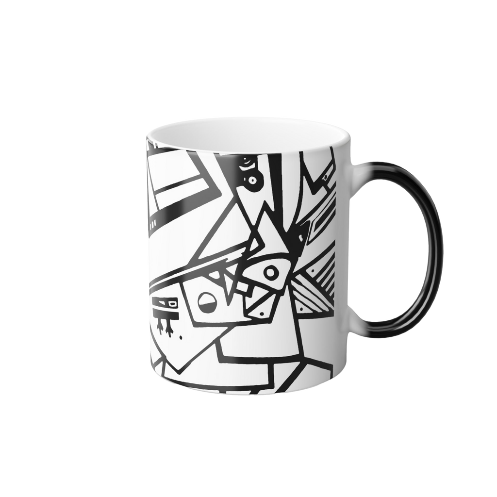 Heat Changing Mug with Freebrd "Ecliptic" design displaying black and white Unique Line Art and a black handle that changes white when hot
