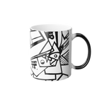Heat Changing Mug with Freebrd "Ecliptic" design displaying black and white Unique Line Art and a black handle that changes white when hot
