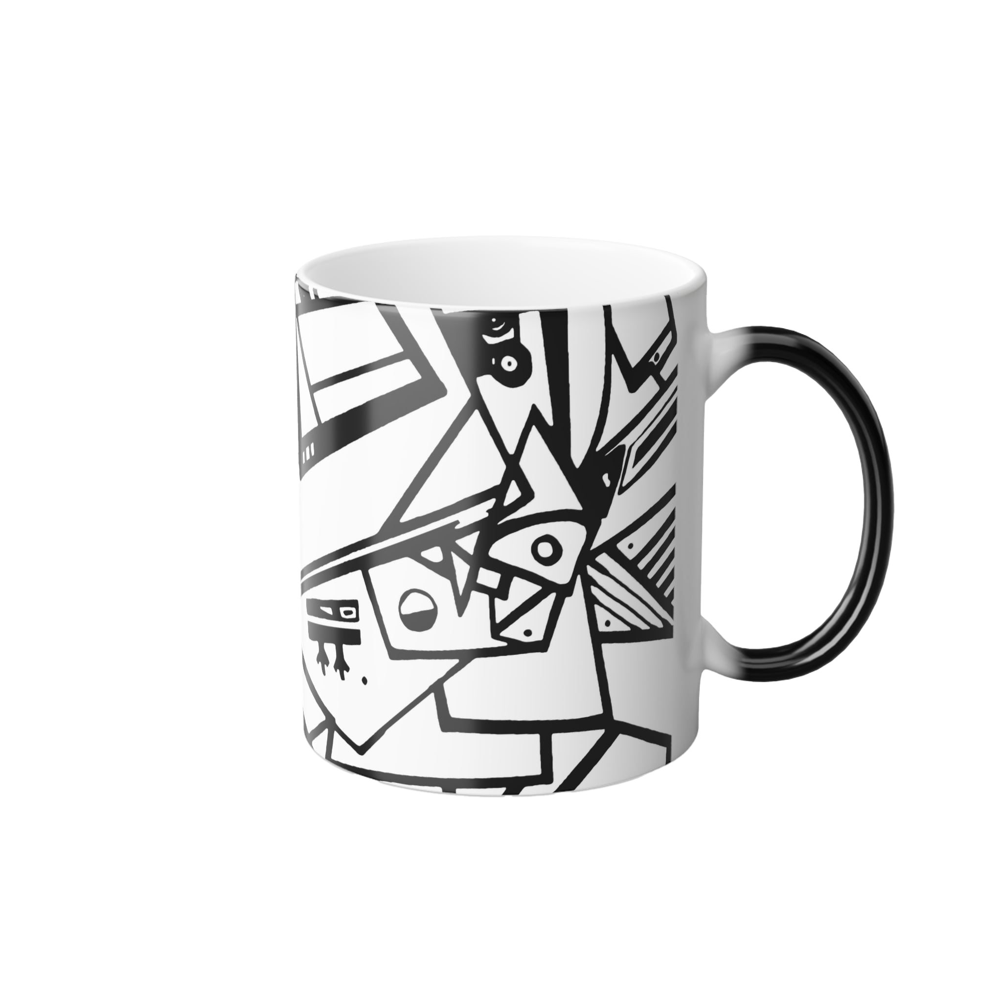Heat Changing Mug with Freebrd "Ecliptic" design displaying black and white Unique Line Art and a black handle that changes white when hot
