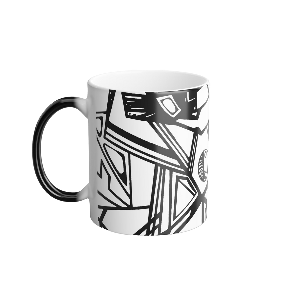 Heat Changing Mug with Freebrd "Ecliptic" design displaying black and white Unique Line Art and a black handle that changes white when hot