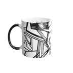 Heat Changing Mug with Freebrd "Ecliptic" design displaying black and white Unique Line Art and a black handle that changes white when hot
