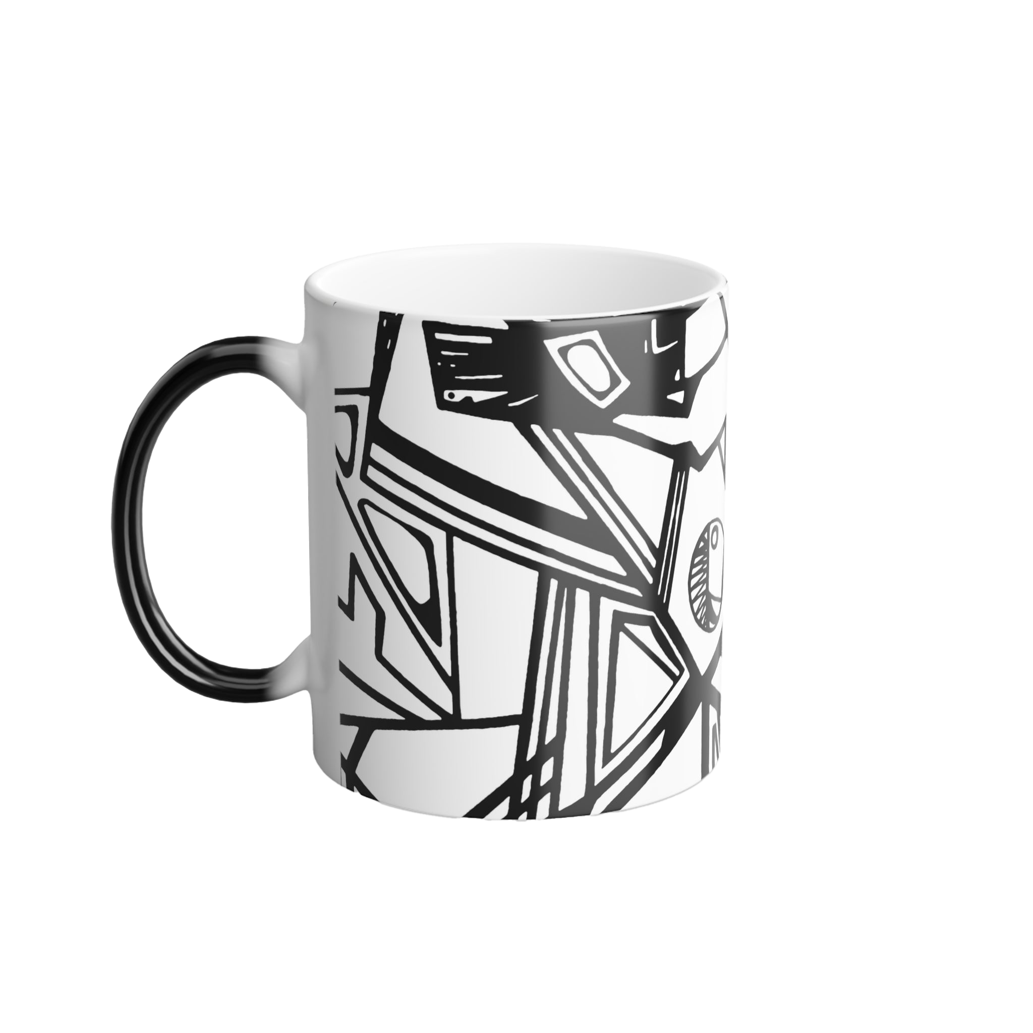 Heat Changing Mug with Freebrd "Ecliptic" design displaying black and white Unique Line Art and a black handle that changes white when hot