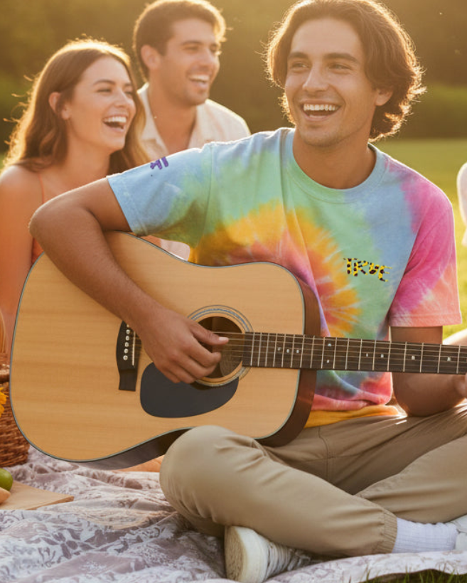 Man playing guitar with friends around him in a park setting wearing Freebrds spiral tie dye embroidered cheetah "true"