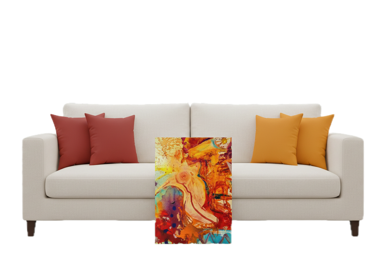 Beige sofa with red and orange cushions and the colorful abstract painting by FREEBRD Jasmine JAckson "WWW" leaning against the couch for a lifestyle tonal scene