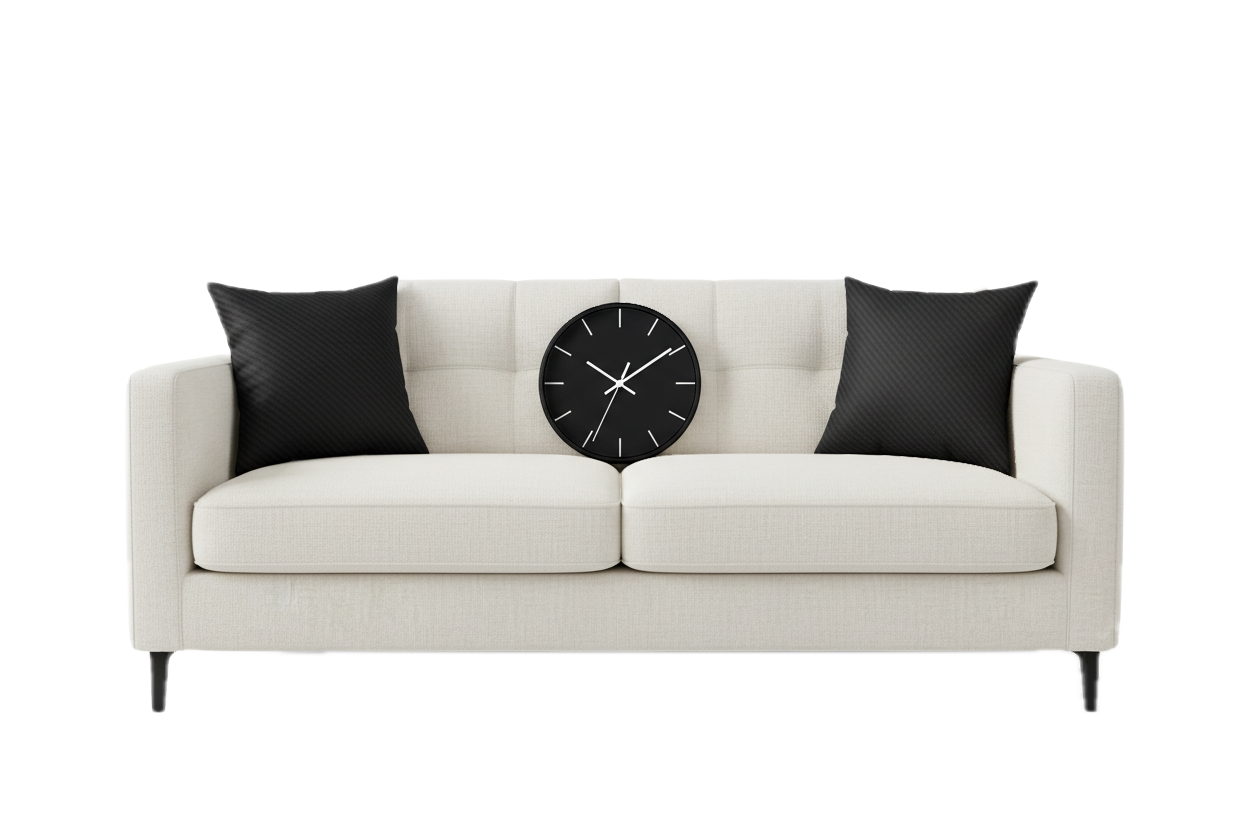 Beige sofa with black a lifestyle image of a Cream Sofa, a FREEBRD Polaroid tee and 2x Mimosa Pink Woven Checker Pillows