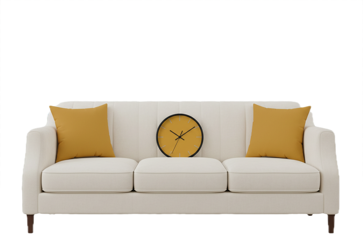 Gold Ochre pillows and a modern white couch with a gold ochre clock making a gold ochre lifestyle tonal scene