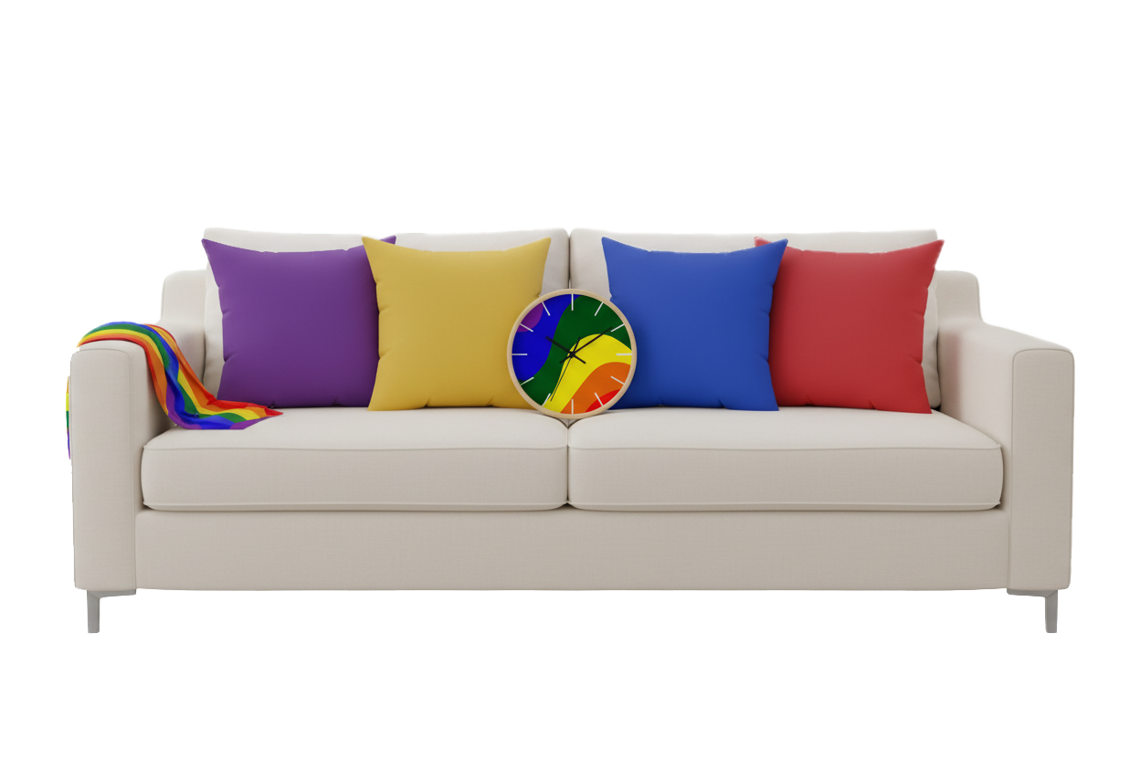 Beige sofa with colorful cushions and a rainbow-patterned blanket making a lifestyle lgbtq pride tonal scene