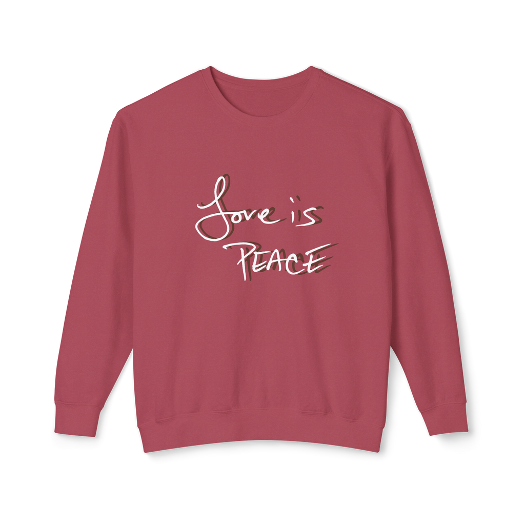 Crimson sweatshirt with 'Love is Peace'  in white floating chocolate shadow text 
