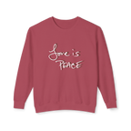 Crimson sweatshirt with 'Love is Peace'  in white floating chocolate shadow text 
