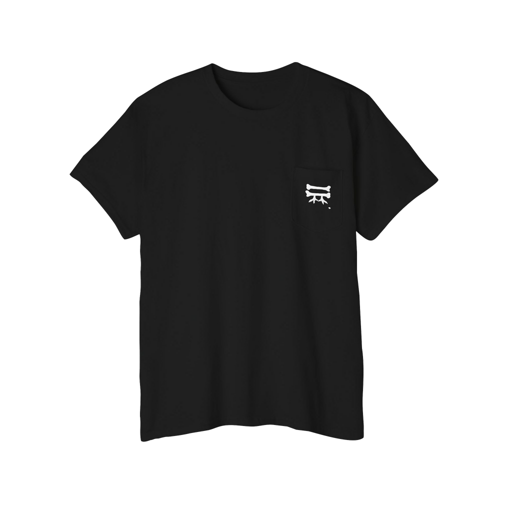 A Freebrd Bone Chikn Logo Classic Cotton Black Pocket Tee with bone, chicken feet and a piece of corn on the front chest pocket 