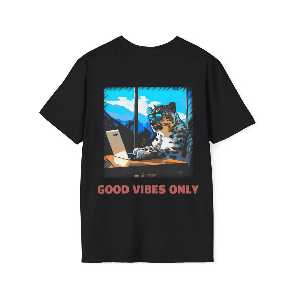 Black t-shirt with a graphic of a leopard at a desk and 'Good Vibes Only' text on a black tee