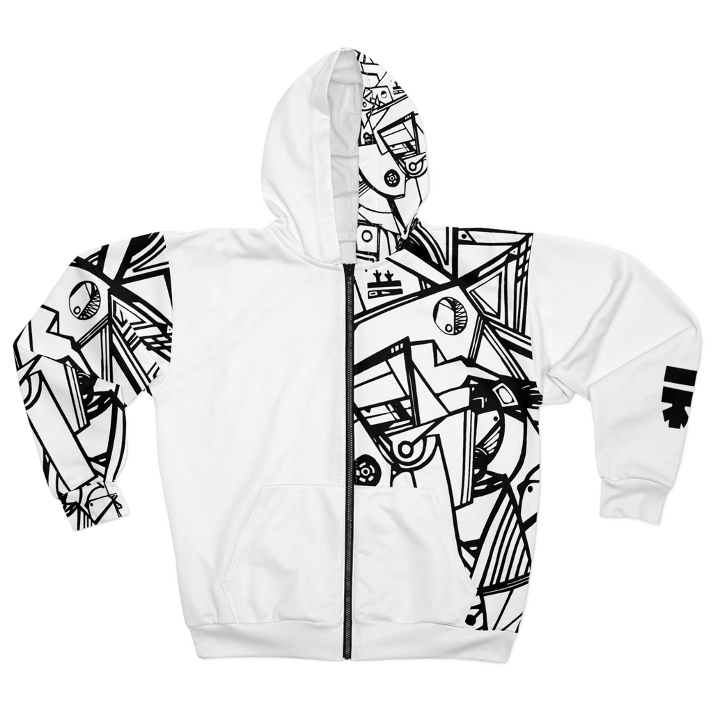 White hoodie with black Freebrd abstract "Ecliptic" design 