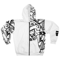White hoodie with black Freebrd abstract "Ecliptic" design 