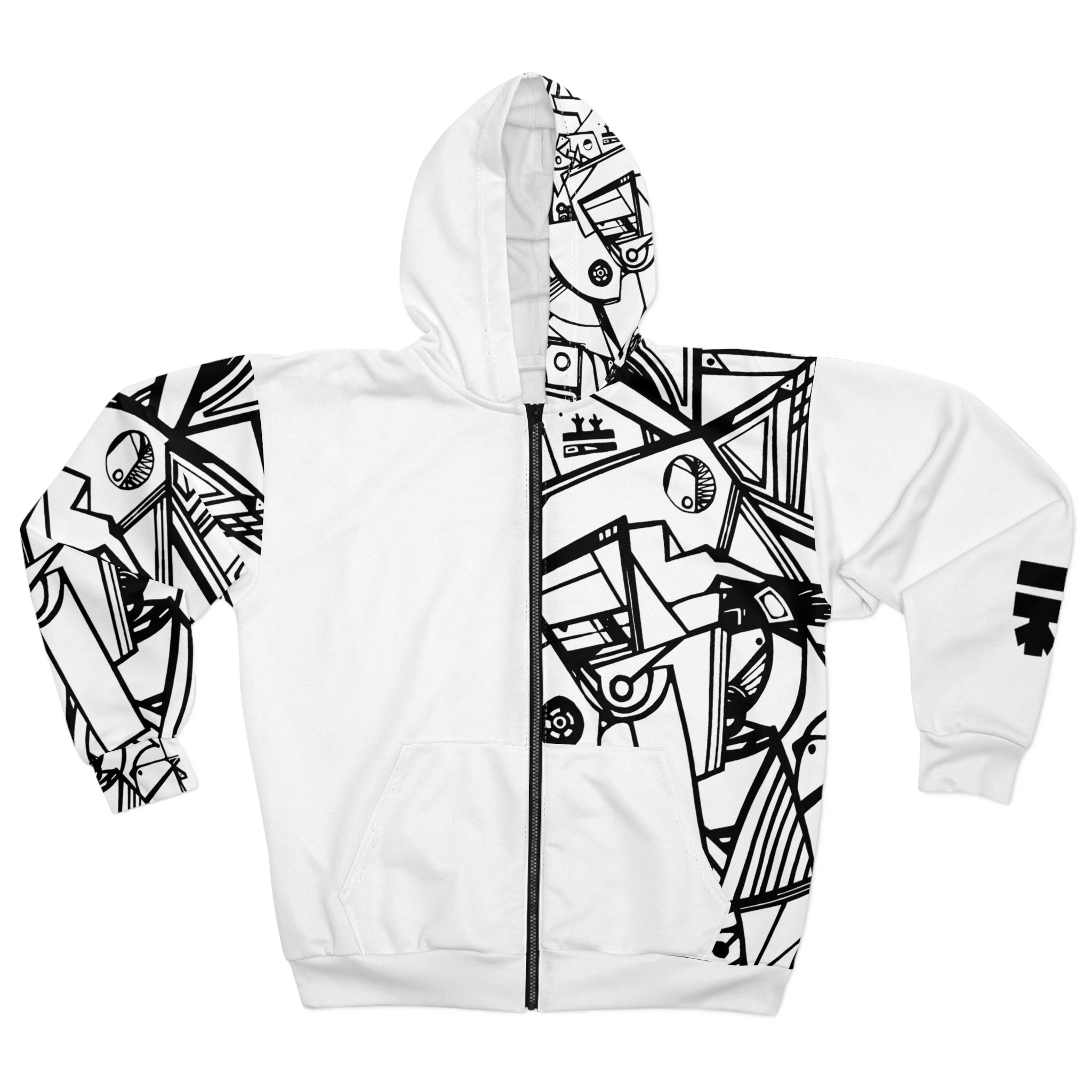 White hoodie with black Freebrd abstract "Ecliptic" design 