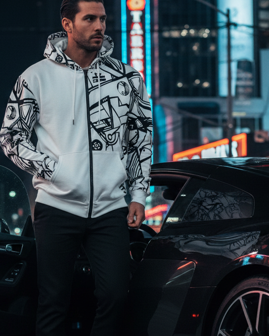 Man in a white urban hoodie with black "Ecliptic" Freebrd design standing next to a black car on a city street 