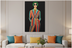 Freebrd "Retro Fashionista Chic Portrait" Vector Mod Pop Art design on a 24" x 36" (Vertical) 1.25" inch thick canvas above a modern living room sofa.