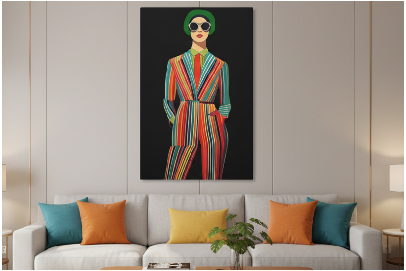 Freebrd "Retro Fashionista Chic Portrait" Vector Mod Pop Art design on a 24" x 36" (Vertical) 1.25" inch thick canvas above a modern living room sofa.