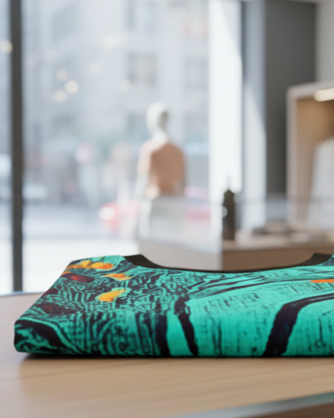 Freebrd vibrant abstract apparel shirt folded on a table in an indoor setting