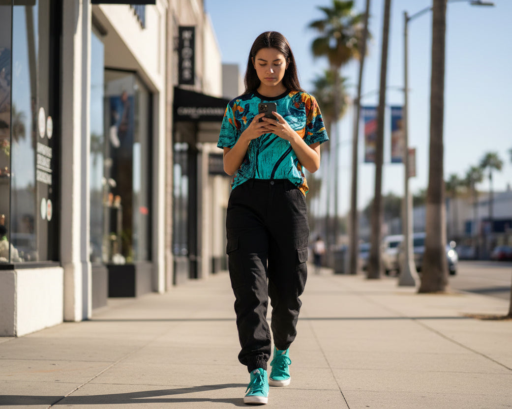 A person walking on a sidewalk using a phone, wearing a colorful Freebrd vibrant abstract tee and black pants.