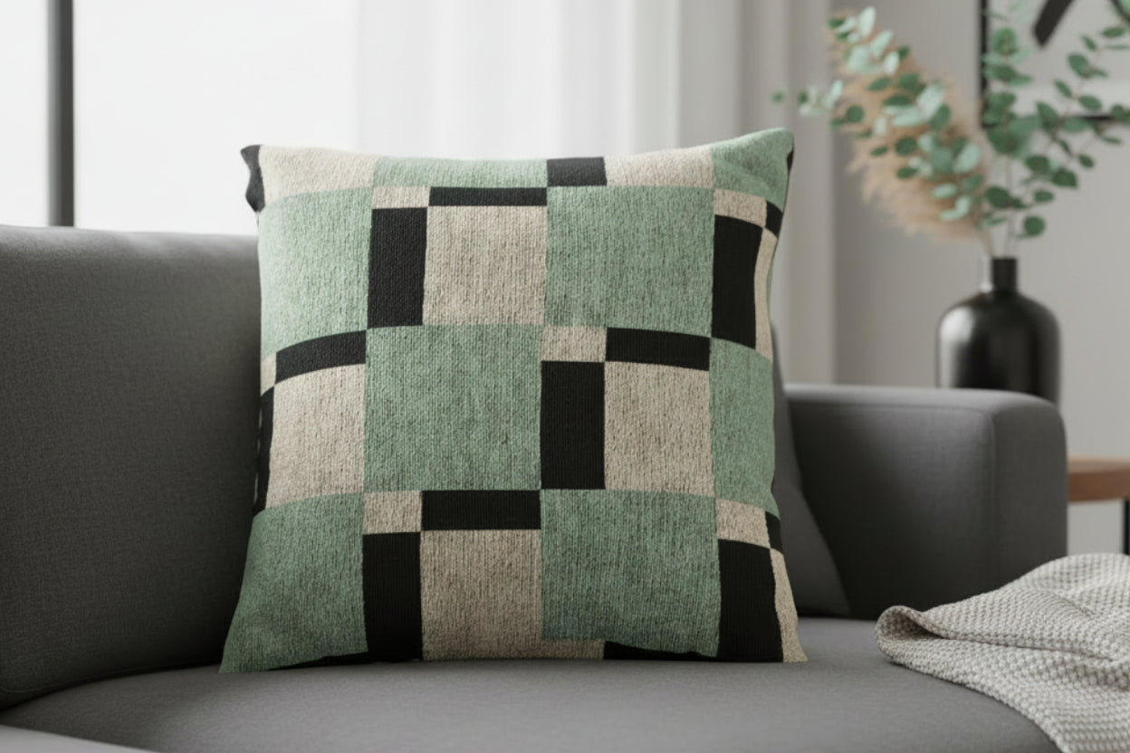 Fresh Green Carbon Floater Checker Woven Pillow on a gray sofa